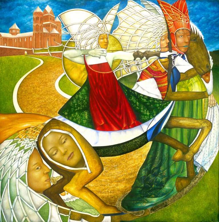 Ölgemälde im Surrealismus und phantastischen Realismus. Der König kommt, Öl auf Leinwand. Erhältlich als limitierter Fine Art Print / Leinwanddruck. Einzigartiger Kunstdruck. Goldener Schnitt, Kunstwerk, Roland Rafael Repczuk