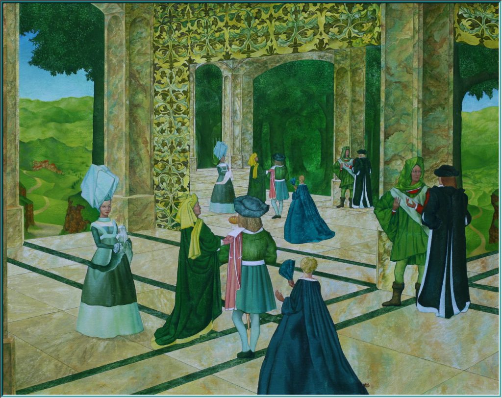 Ölgemälde fantastischer Realismus, Im Spiegelsaal der Eitelkeit - Öl auf Leinwand - Roland Rafael Repczuk, Erhältlich als limitierter Fine Art Print / Leinwanddruck. Einzigartiger Kunstdruck.