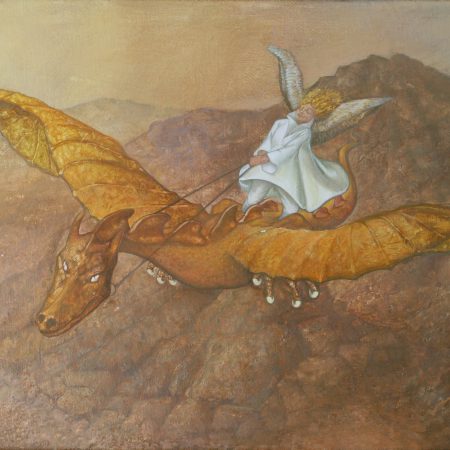 Ölgemälde Phantastischer Realismus. Gemälde Titel "Boten der Freude", Engel und Drache - Öl auf Leinwand - Surrealismus-Kunst von Roland Rafael Repczuk. Erhältlich als limitierter Fine Art Print / Leinwanddruck. Einzigartiger Kunstdruck.