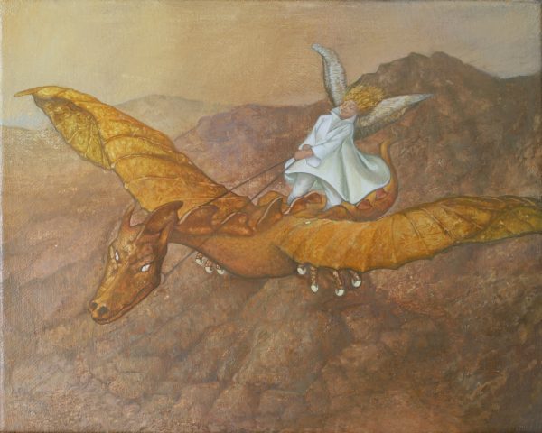 Ölgemälde Phantastischer Realismus. Gemälde Titel "Boten der Freude", Engel und Drache - Öl auf Leinwand - Surrealismus-Kunst von Roland Rafael Repczuk. Erhältlich als limitierter Fine Art Print / Leinwanddruck. Einzigartiger Kunstdruck.