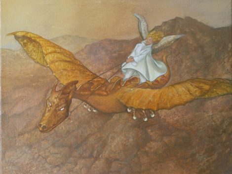 Ölgemälde Phantastischer Realismus. Gemälde Titel "Boten der Freude", Engel und Drache - Öl auf Leinwand - Surrealismus-Kunst von Roland Rafael Repczuk. Erhältlich als limitierter Fine Art Print / Leinwanddruck. Einzigartiger Kunstdruck.