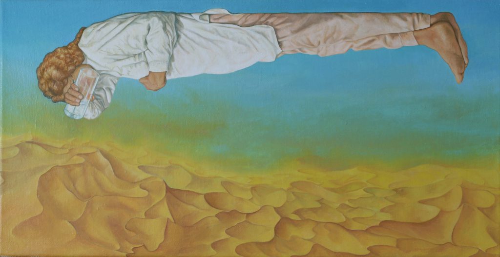Ölgemälde Phantastischer Realismus. Gemälde Titel "Flucht in die Wüste" - Öl auf Leinwand - Surrealismus-Kunst von Roland Rafael Repczuk